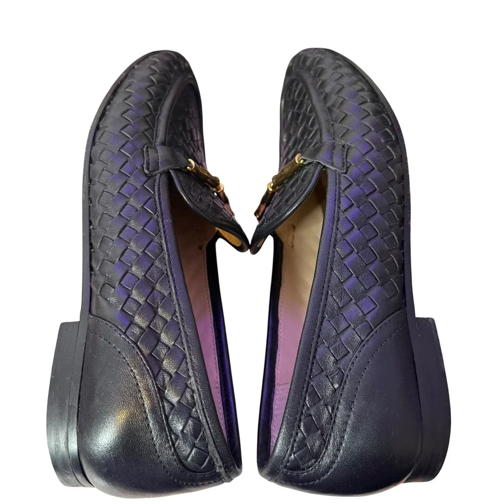 J. McLaughin Woven Leather Gold Horsebit Loafers Womens 6.5 Black Slip On Shoes
